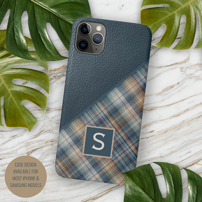 Capa Para iPhone Padrão de Gingham Xadrez castanho bege azul escuro (Criador carregado)