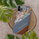 Capa Para iPhone Padrão de mármore azul escuro âmbar personalizado<br><div class="desc">Cor de laranja amarela contemporânea, vermelho de coral, cinzas claras e capa de telefone de células padrão de mármore azul escuro. Com espaço para personalizar com um nome, monograma ou iniciais de sua escolha. Belo, moderno e legal cobrir para o motif motif motif motif motif motif motif, experiente e amante...</div>
