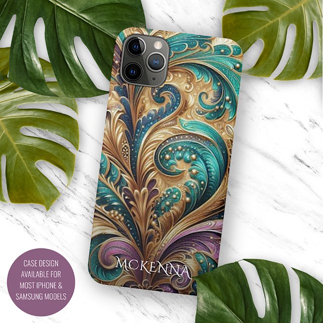 Capa Para iPhone Padrão Dourado de Paisley Verde Azul Roxo Violeta (Criador carregado)