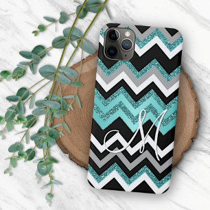 Capa Para iPhone Padrão Zigzag Silver Turquoise Azul Preto Personal