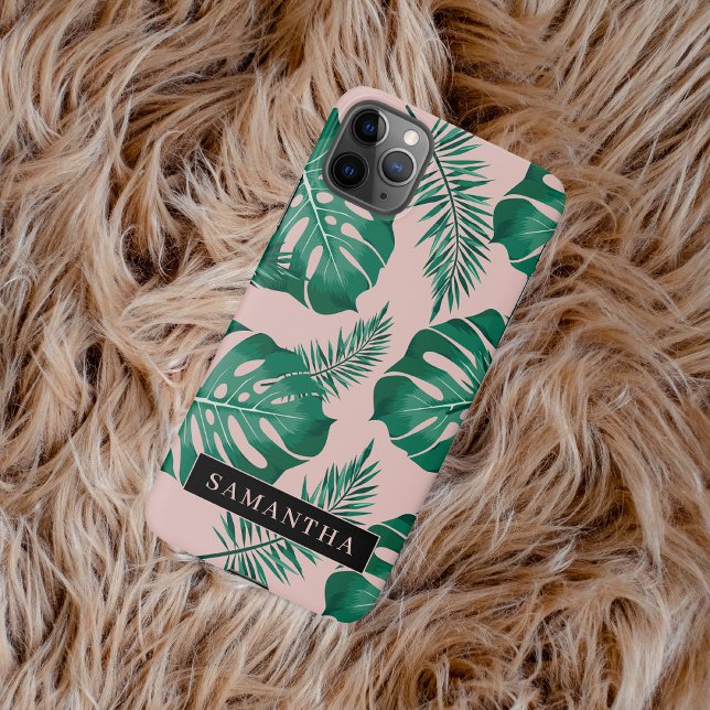 Capa Para iPhone Palma rosa tropical e verde deixa padrão e nome (Criador carregado)