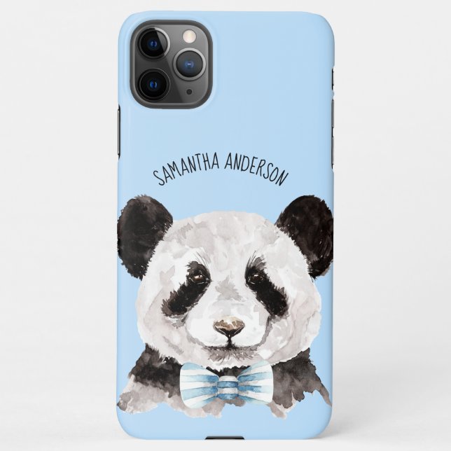 Capa Para iPhone Panda Moderna De Aquarela Com Nome E Pastel Azul (Verso)