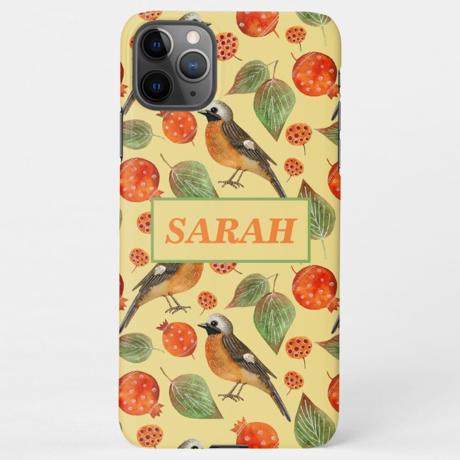 Capa Para iPhone Pássaros de aquarela laranja e padrão de romã (Verso)