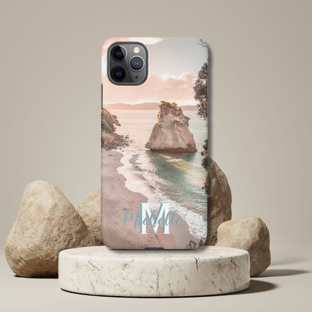 Capa Para iPhone Peach Modern Sunset Beach Foto Monograma M Nome (Criador carregado)