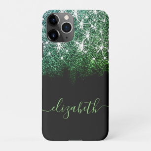 Capa Para iPhone Preto Verde Aqua Faux Glitter Calliografia