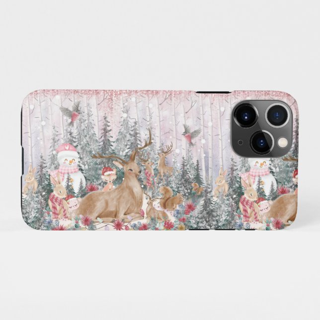 Capa Para iPhone Reindeer de Aquarela Rosa, Snowman Feliz Natal (Verso Horizontal)