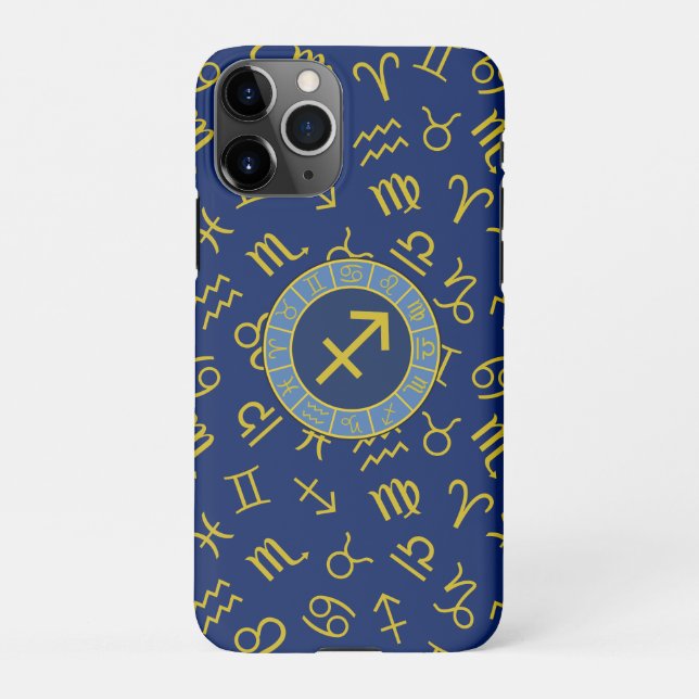 Capa Para iPhone Símbolos Zodiac+Astrologia Sagittarius Ptn Gld+Blu (Verso)