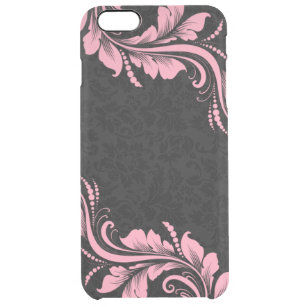 Capa Para iPhone 6 Plus Transparente Damasco De Monotones Pretos E Lace Floral Rosa