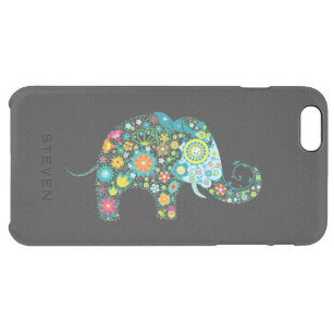 Capa Para iPhone 6 Plus Transparente Elefante Floral Em Couro Negra