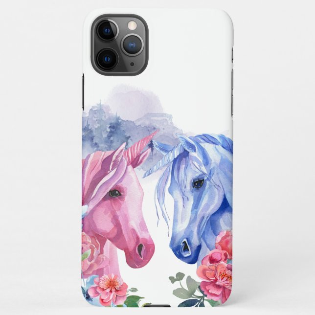 Capa Para iPhone Unicórnios com Flores de Arte Aquarela (Verso)
