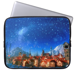 Capa Para Notebook 3d ilustração da pequena aldeia alpina ao amanhece