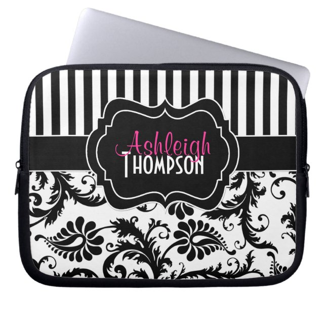Capa Para Notebook A bolsa de laptop listrada do damasco branco preto (Frente)