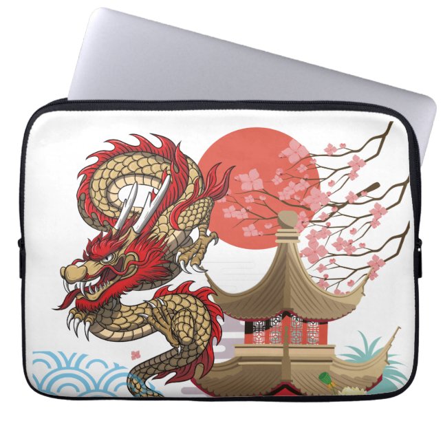 Capa Para Notebook A collaboration of Japanese scenery and dragons (Frente)
