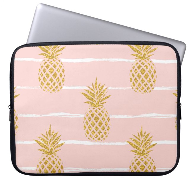 Capa Para Notebook Abacaxi Dourado, fundo de verão em Striped. (Frente)