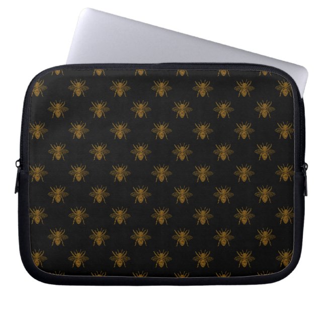 Capa Para Notebook Abelhas Douradas de Folha Metálica em Preto (Frente)