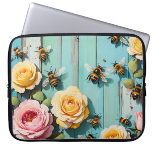 Capa Para Notebook Abelhas Ocupadas com Rosas Rosa e Amarelas na Cerc