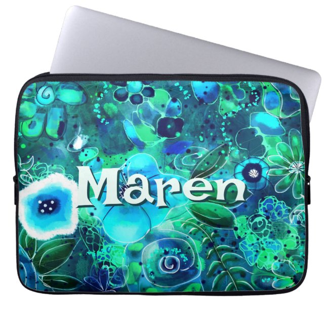 Capa Para Notebook Abstract Floral Teal Blue Green Personalized (Frente)