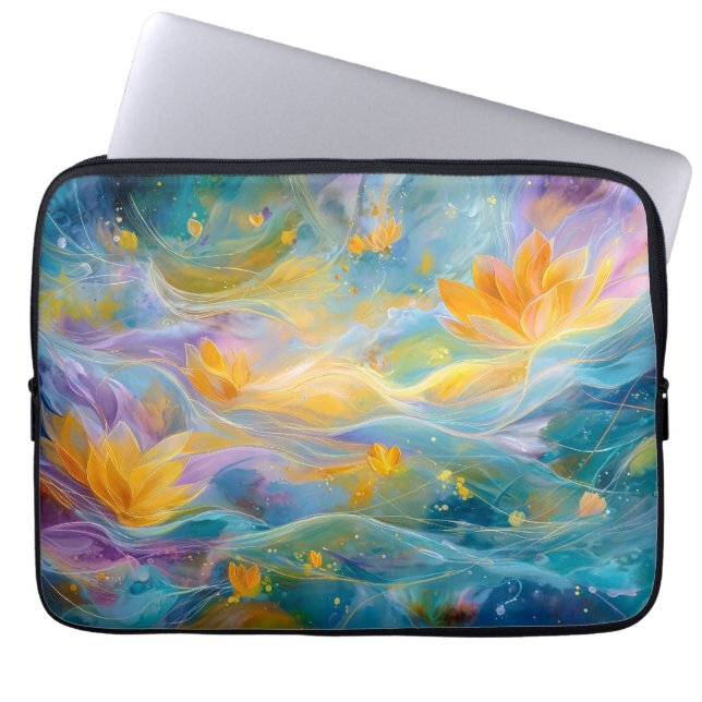 Capa Para Notebook Abstract Golden Lotus Floating Flowers  (Frente)