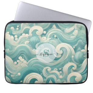 Capa Para Notebook Abstrato Aqua Blue & White Wave - Arte Fluida Mode