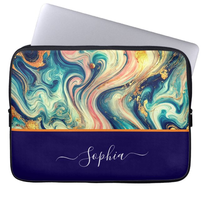 Capa Para Notebook abstrato azul&dourado girar - adicionar nome (Frente)