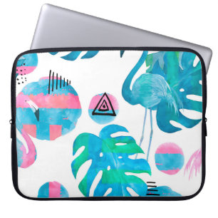 Capa Para Notebook Abstrato com aquarela flamingo e elema aleatório