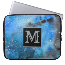 Capa Para Notebook Abstrato Monograma Laptop Azul Preto de Aquarela