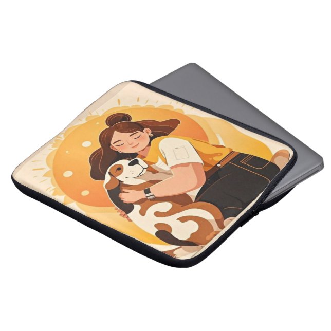Capa Para Notebook Adorável abraço de garota e cachorro (Frente Topo)