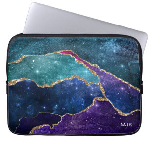Capa Para Notebook Ágata de Monograma Azul Roxo Água Veias Douradas