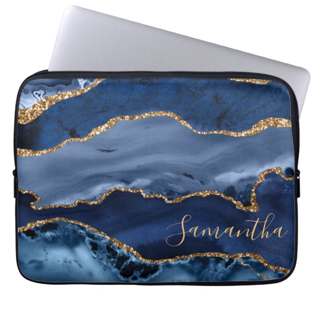 Capa Para Notebook Ágata Marmore Azul Marinho e Brilho Dourado Falso (Frente)