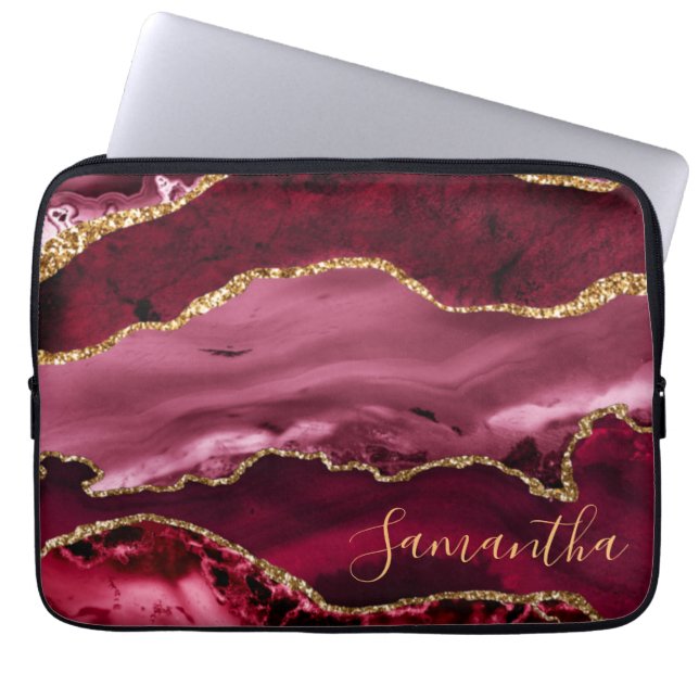 Capa Para Notebook Ágata Marmore Glitter Vermelho e Dourado Falso (Frente)