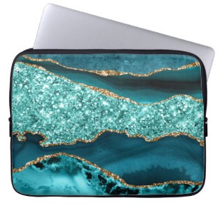 Capa Para Notebook Ágata Oceânica Brilhante em Turquesa e Dourado Ele