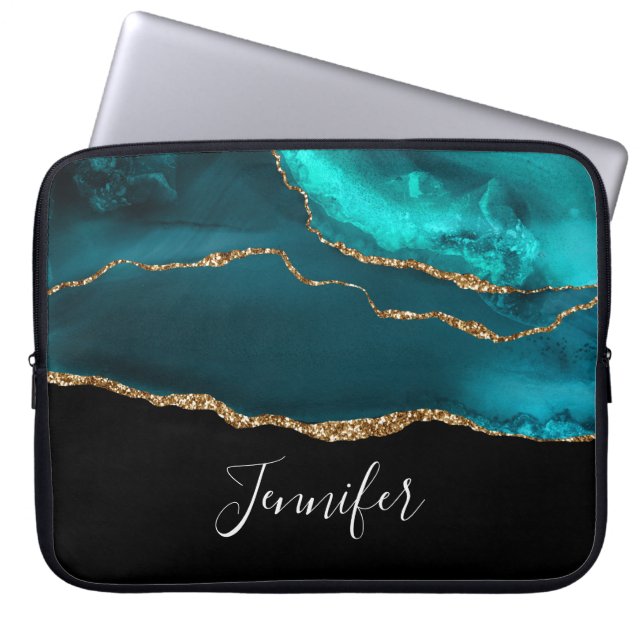 Capa Para Notebook Agato Teal Moderno de Na moda e Faixa Dourada a Pr (Frente)