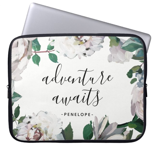 Capa Para Notebook Aguardam Aventura Floral bonito com Nome (Frente)