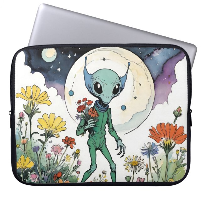 Capa Para Notebook Alienígena Engraçado Colhendo Flores Com Lua Cheia (Frente)