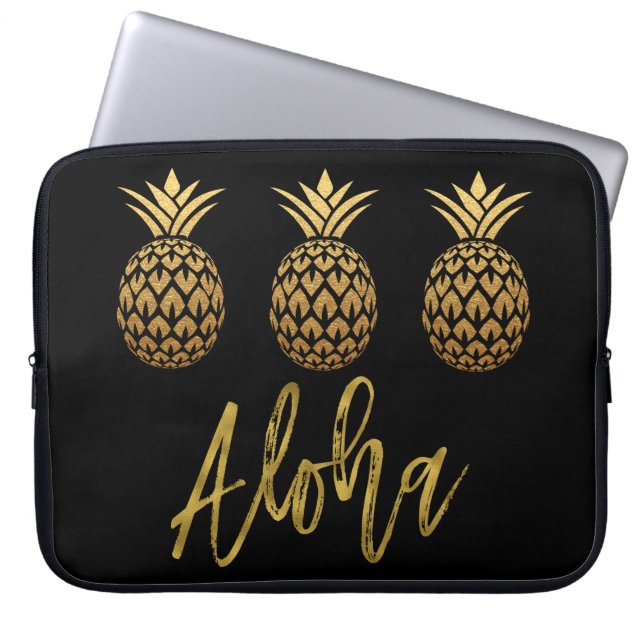 Capa Para Notebook Aloha Abacaxi Tropical Black and Gold Foil (Frente)