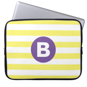 Capa Para Notebook Amarelo Ensolarado Listrado com Monograma Roxo