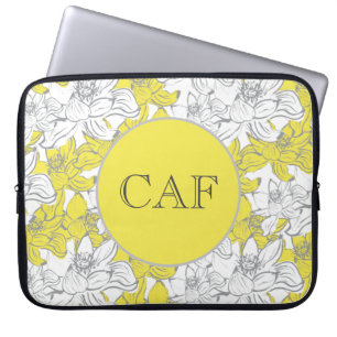 Capa Para Notebook Amarelo Monogramado e Floral Cinza