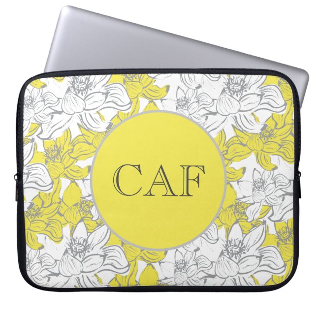 Capa Para Notebook Amarelo Monogramado e Floral Cinza  (Frente)