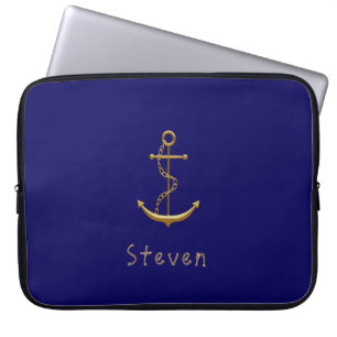 Capa Para Notebook âncora náutica Dourada em nome personalizado azul