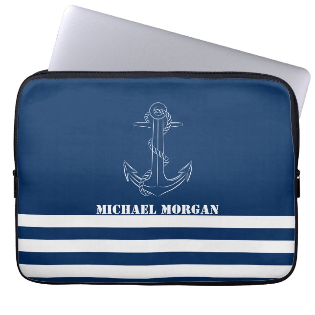 Capa Para Notebook Âncora Náutica, Marinho Blue Stripes Sailer (Frente)