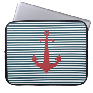 Capa Para Notebook Âncora náutica vermelha sobre fundo azul listrad