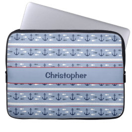 Capa Para Notebook Âncoras Náuticas Azuis e Brancas Personalizadas