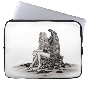 Capa Para Notebook Angel, perdido no pensamento, Design preto e branc