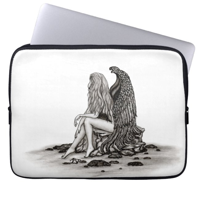 Capa Para Notebook Angel, perdido no pensamento, Design preto e branc (Frente)