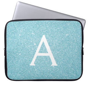 Capa Para Notebook Aqua Teal Blue Glitter e Sparkle Monograma