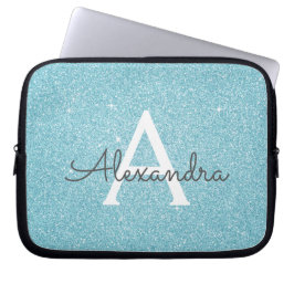 Capa Para Notebook Aqua Teal Blue Glitter e Sparkle Monograma