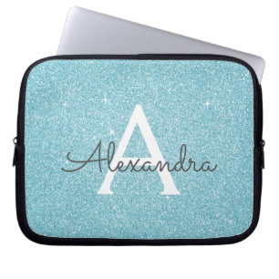 Capa Para Notebook Aqua Teal Blue Glitter e Sparkle Monograma
