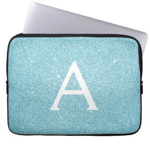 Capa Para Notebook Aqua Teal Blue Glitter e Sparkle Monograma