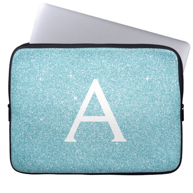 Capa Para Notebook Aqua Teal Blue Glitter e Sparkle Monograma (Frente)