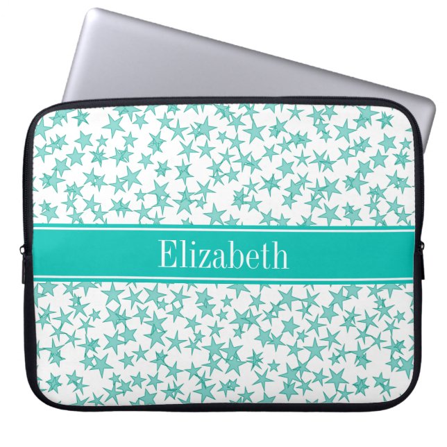 Capa Para Notebook Aqua Turquoise Stars White BG, Nome Teal Monograma (Frente)
